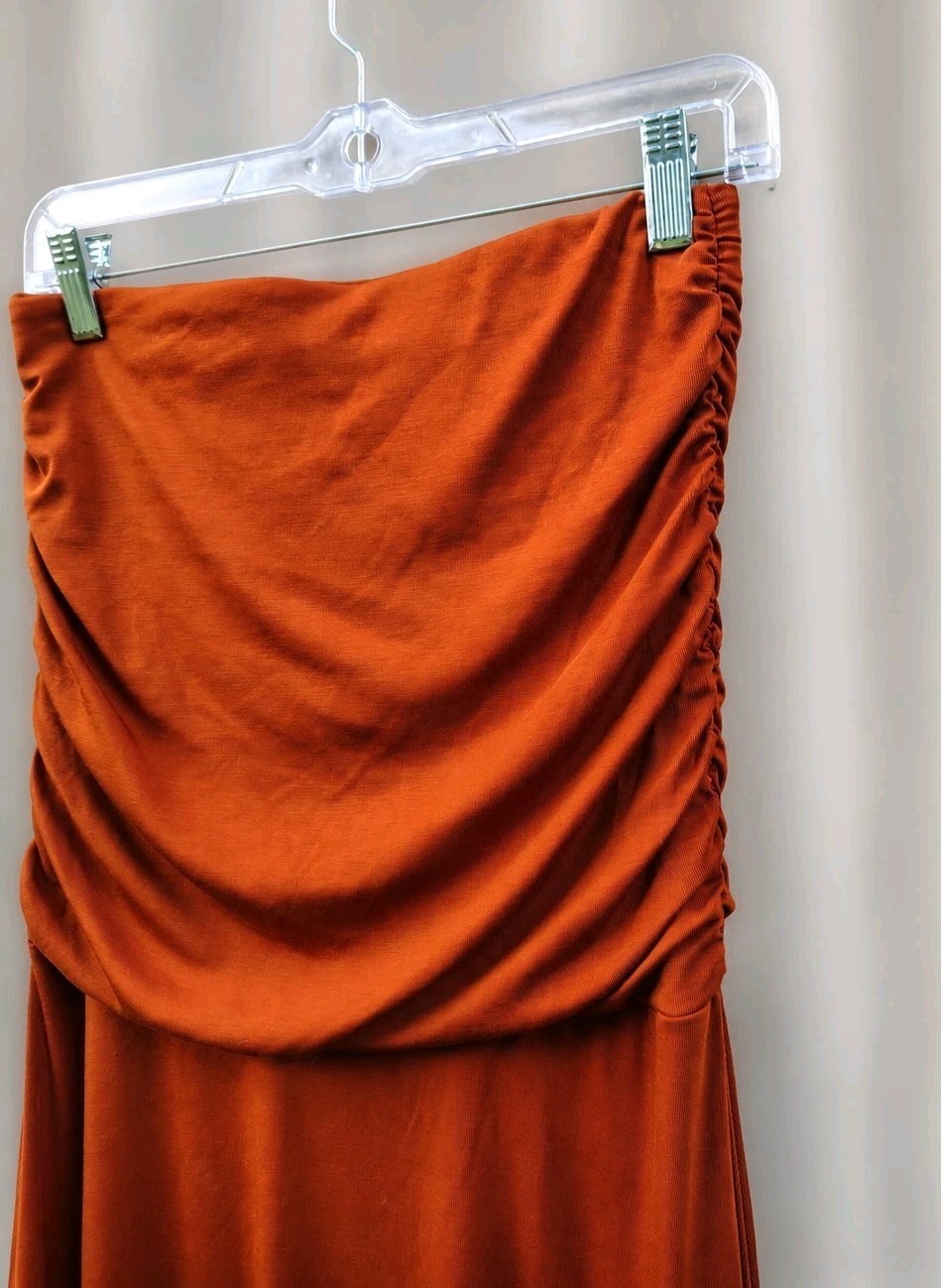 OGL Burnt Orange Ruched Strapless Midi Dress/Skirt S Versatile Stretch Tencel