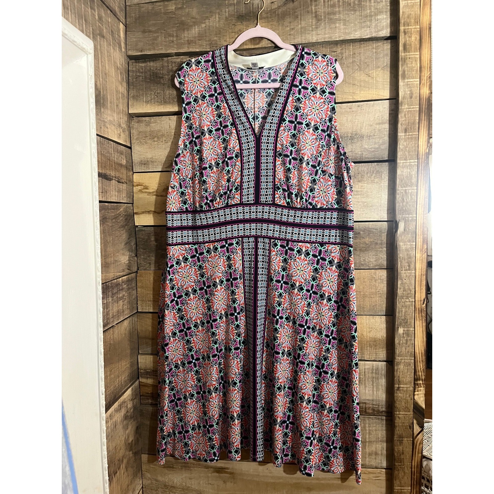 London Style Collection Woman Dress 20W Orange Purple Floral Geometric V-Neck