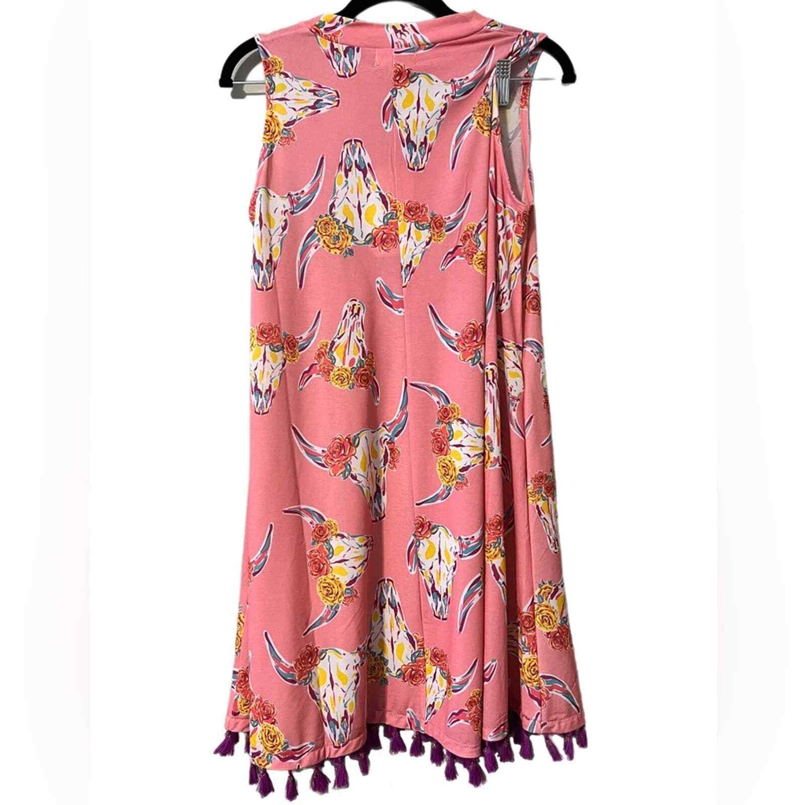 Simply Southern small sleeveless trapeze dress pink cow skulls purple tassels