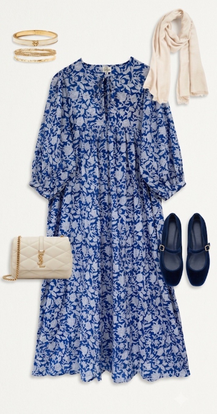 Blue Floral Block Print Maxi Dress | Boho Cotton Tiered Dress | Size M