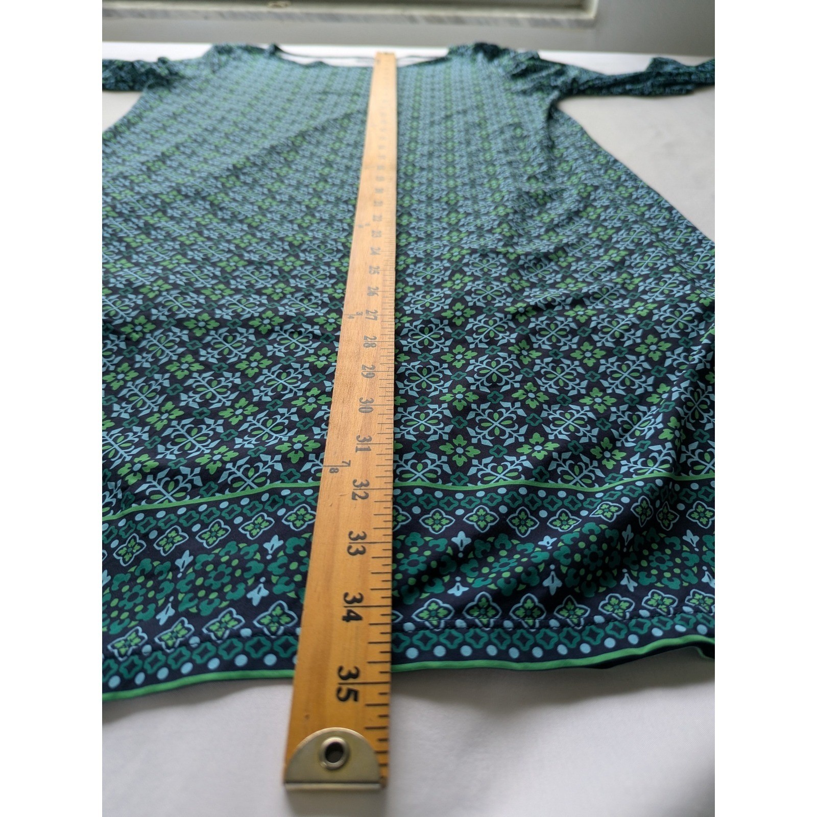 Lands’ End Blue Green Geometric Floral 3/4 Sleeve Boatneck Cover Up Dress Size M