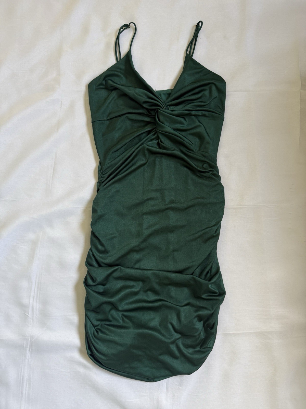 Lucy in the Sky Green Ruched Knit Bodycon Mini Dress V-Neck Spaghetti Strap S