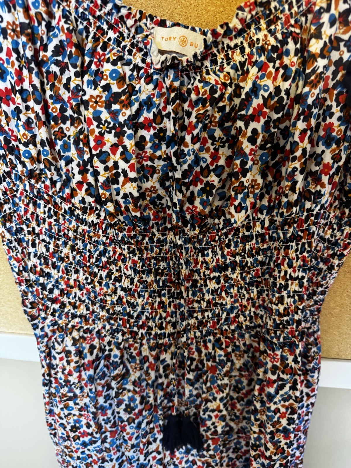 Tory Burch Wildflower Tiered Off Shoulder Smoked Navy Pipping Midi Dress Size L