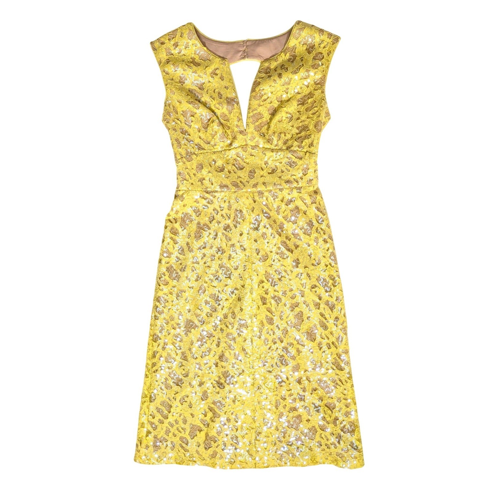 BCBGMAXAZRIA Yellow Sequin Lace Cain Mini Dress Open Back Glam Size 2