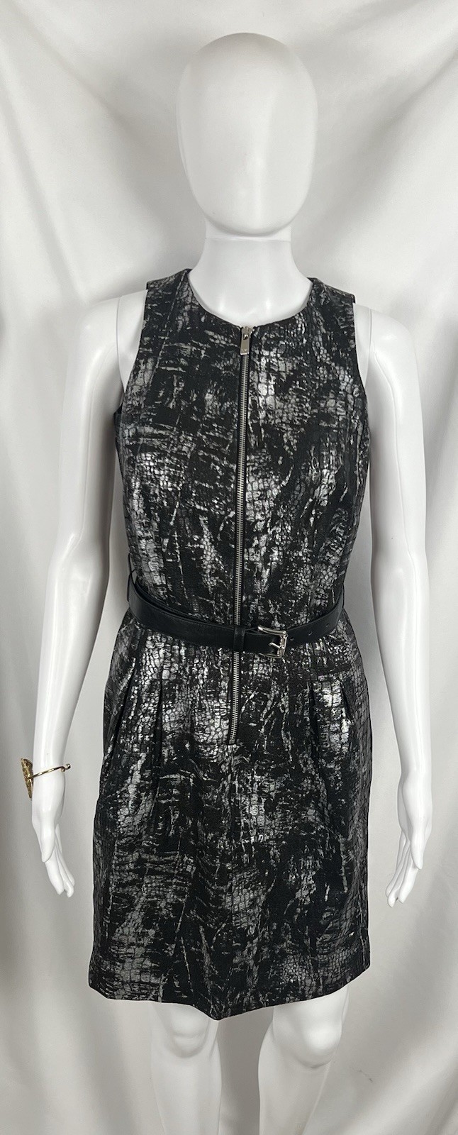 Michael Kors Women’s Metallic Scoop Neck Belt A-Line Midi Dress Black Size 2