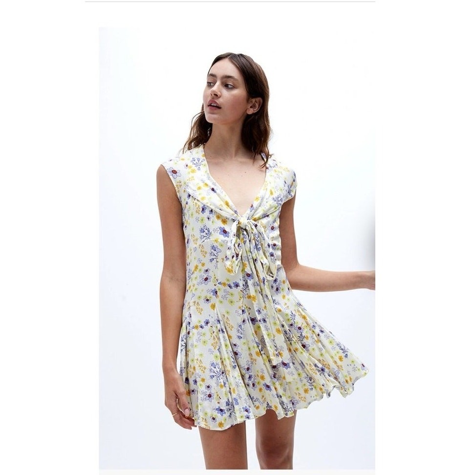 Free People Floral Tie Front Open Back Mini Dress Size M Boho Cottagecore