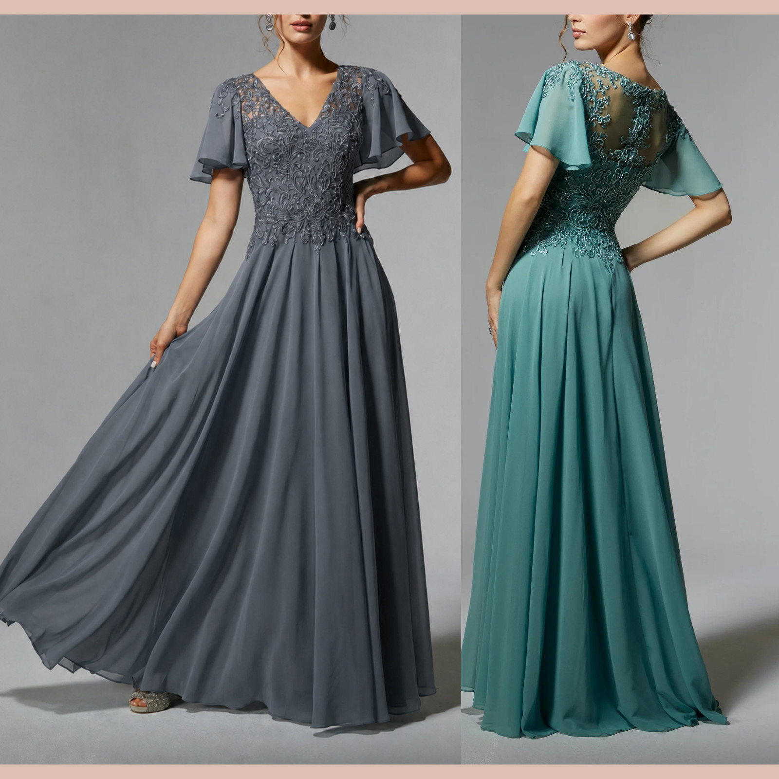 NWT MGNY Mori Lee [ 8 ] Flutter SleeveBeaded Embroidered Gown Charcoal J2350