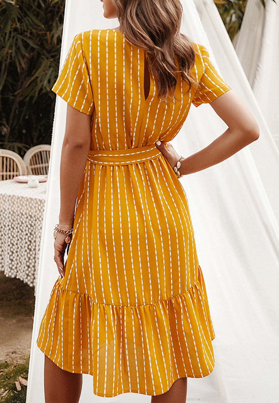 Vertical Striped Short Sleeve Ruffle Flowy Swing Dress With Belt
