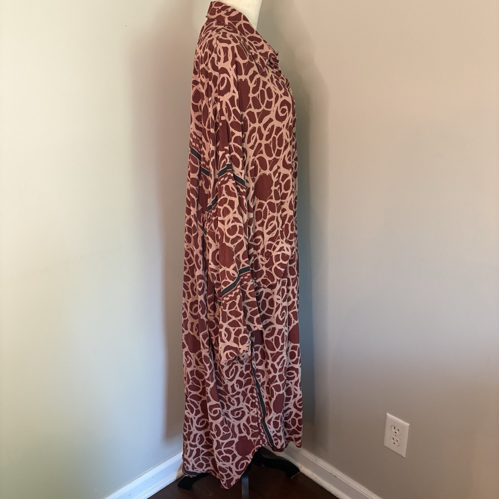 Kantha Bae Button Up Maxi Dress Duster Burgundy Tan Silk Pockets OOAK Free Size