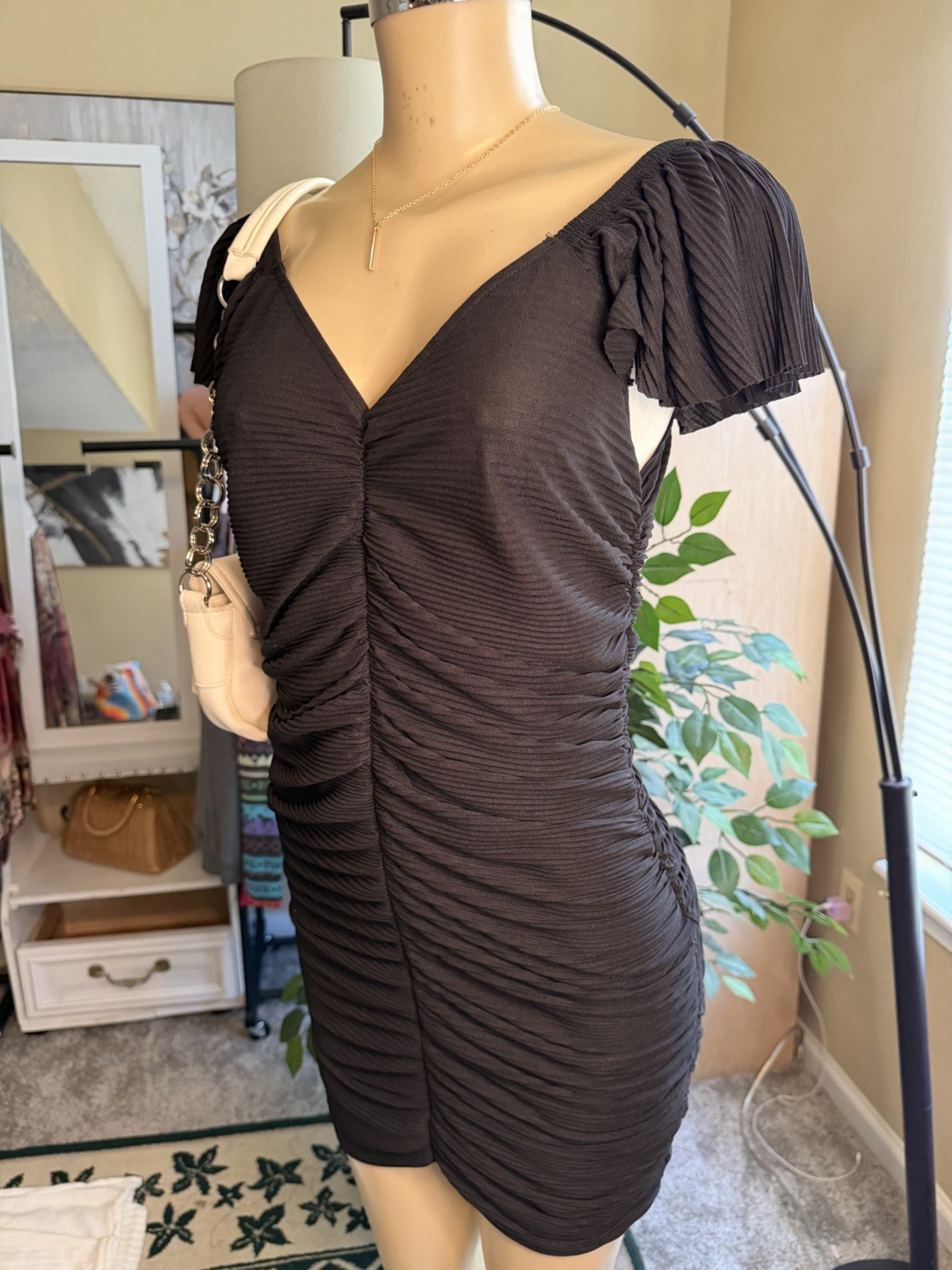 Black Ruched Pleated V-Neck Ruffle Short Sleeve Stretch Mini Bodycon Dress S