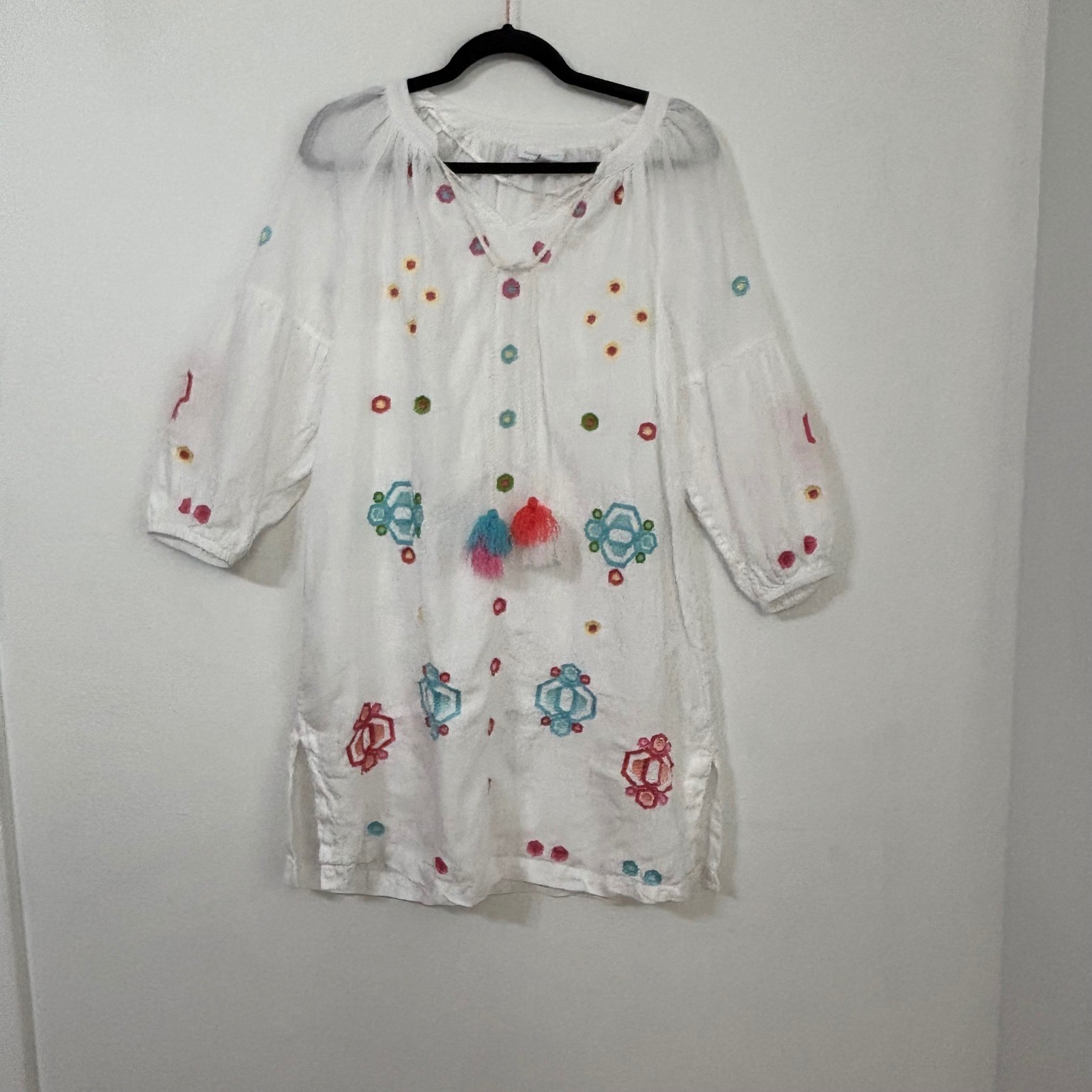 Charter Club Embroidered LinenTunic Dress Boho Tassels Coastal Cottage Women S