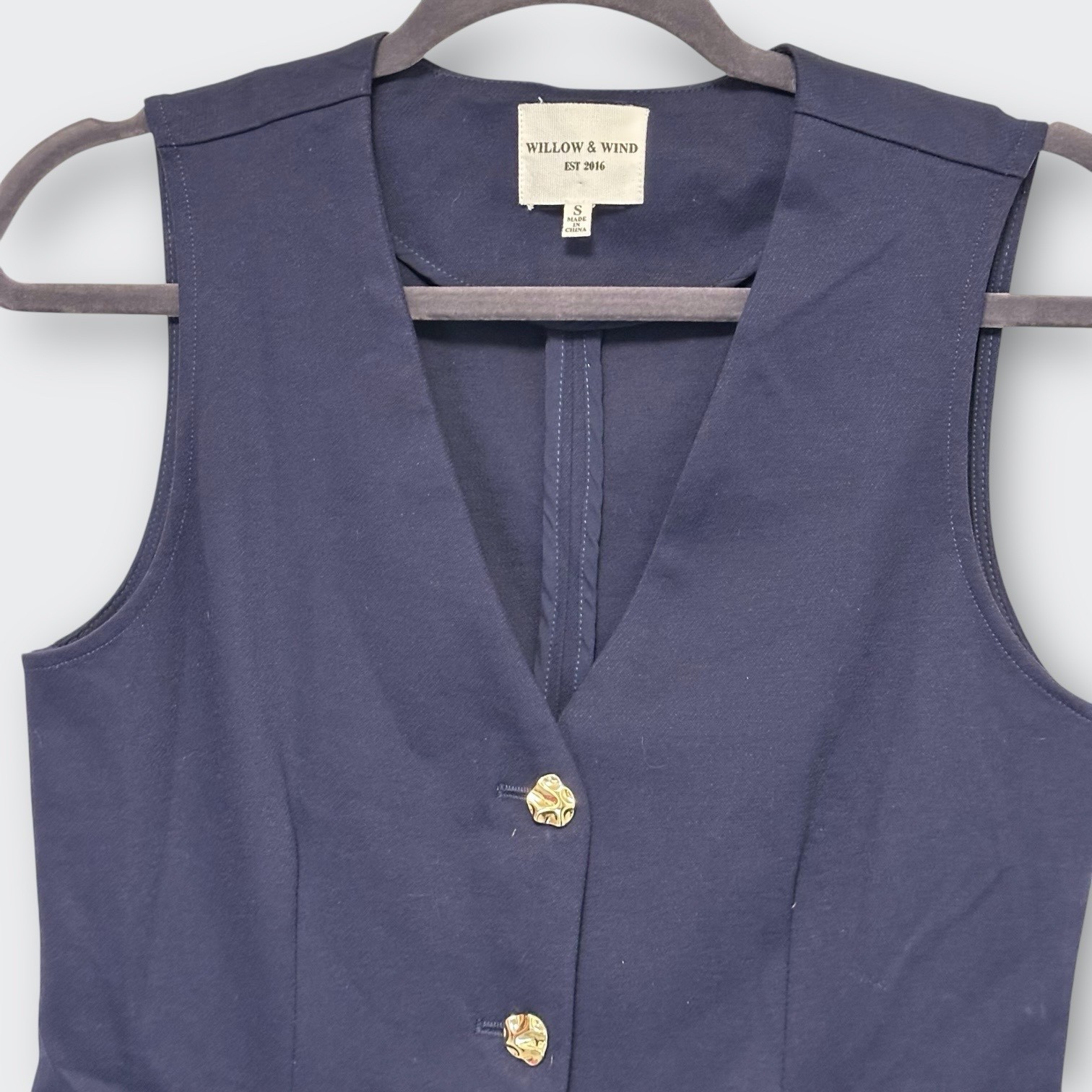 New WILLOW & WIND Navy Blue V-Neck Mini Vest Dress S Gold Button Preppy Classic