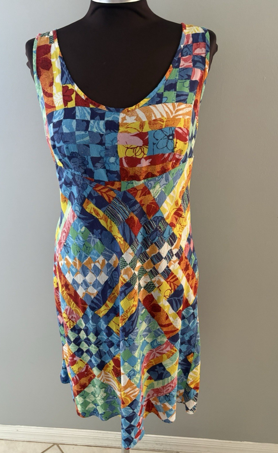 Vtg Jams World Hula Moon Quilt Art Pattern Dress Tag Sz L Tropical Beach SMALL*