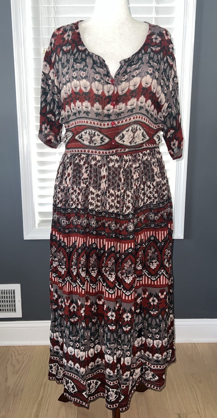 Vintage 90s M.P.H. 1X Boho Floral Rayon Midi Dress Border Print Made in India