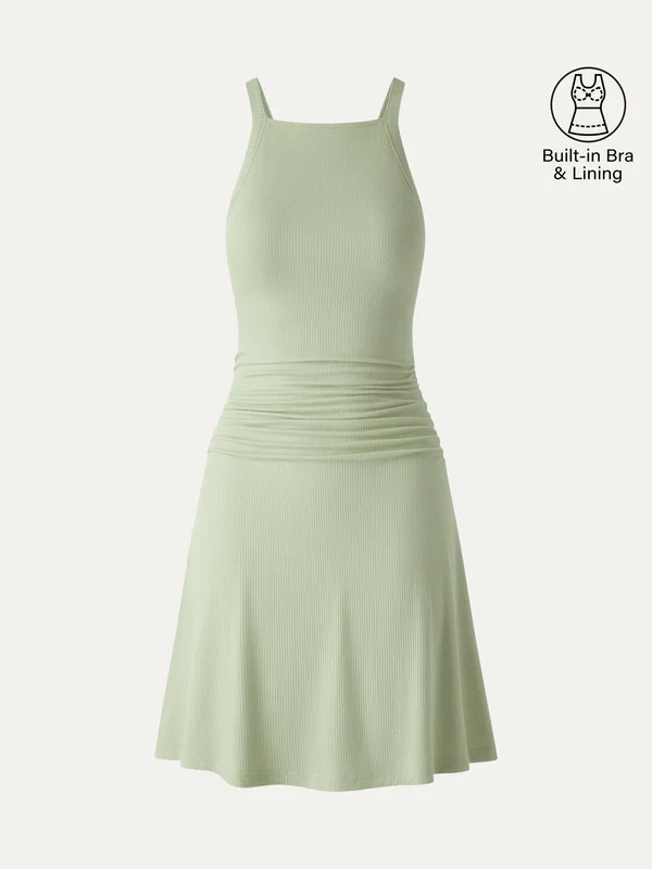 Women’s Square Neck Mini Dress Built In Bra Stretch Casual Dress, Green,Freeship