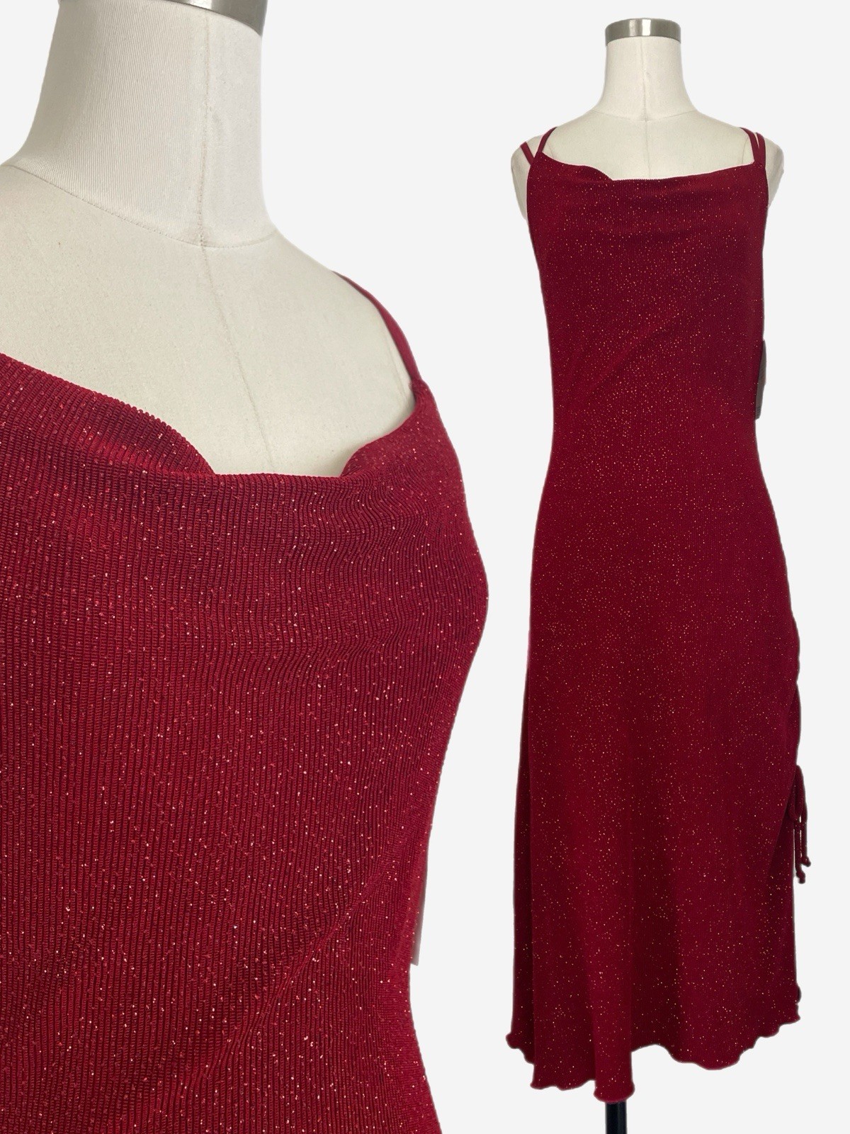 Vintage Y2K CDC NWT Deadstock Red glitter cowl neck ruched midi dress stretch S