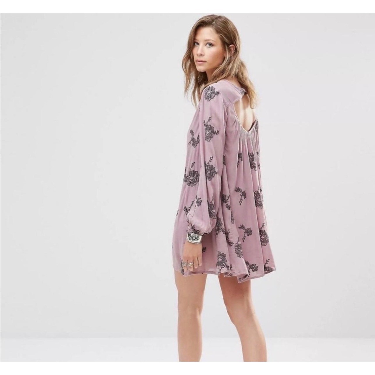 Free People Embroidered Emma Austin Mini Dress Elderberry Boho Cutout Back XS