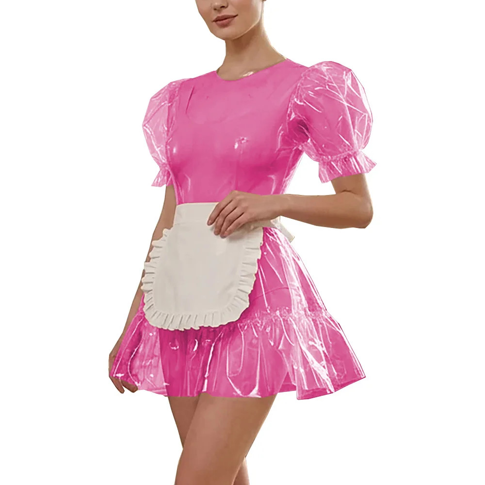Clear PVC Maid Outfits Lockable Puff Sleeve Dress Apron Cosplay Party Costume