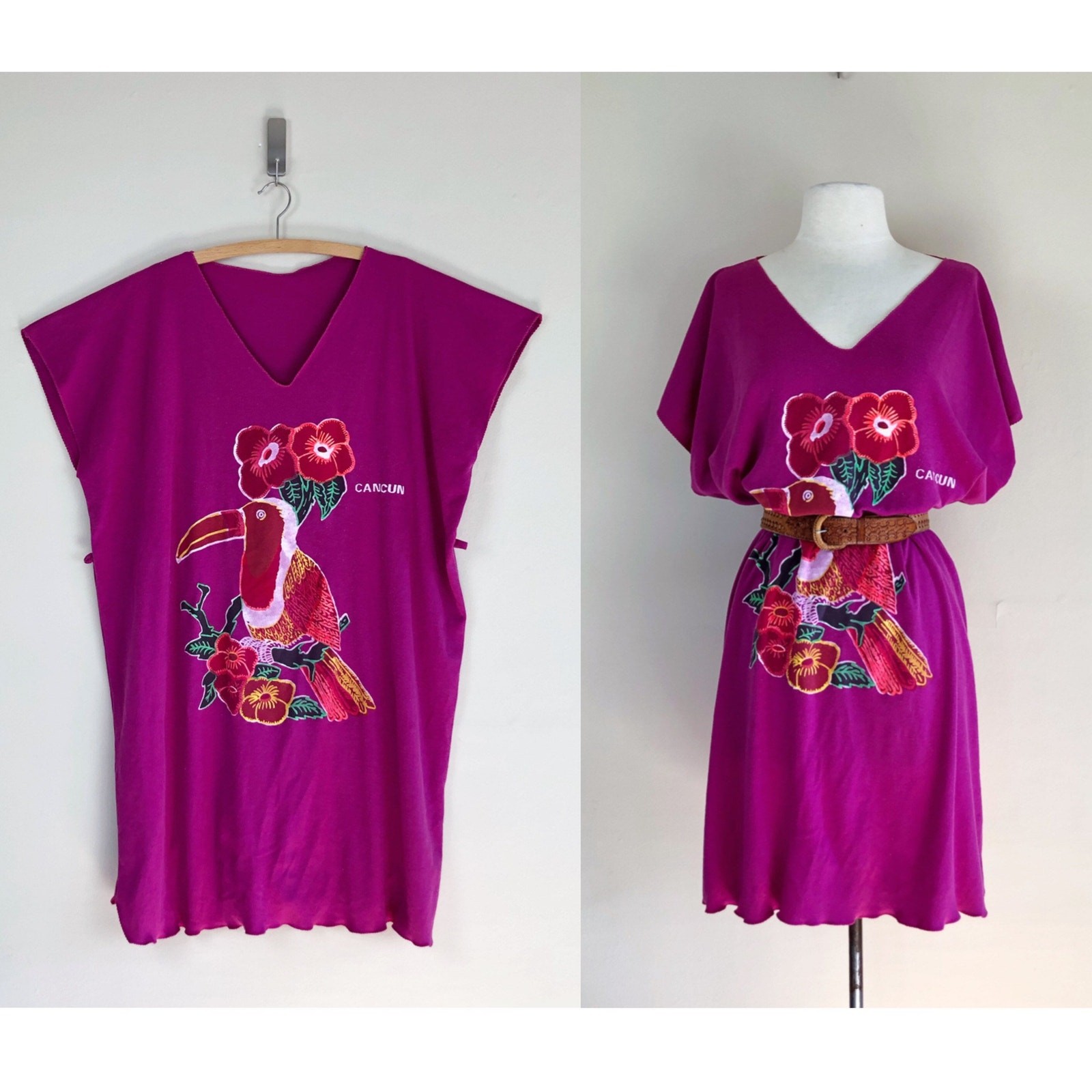 vintage 70s 80s cancun beach mini dress kaftan toucan bird print hippie boho