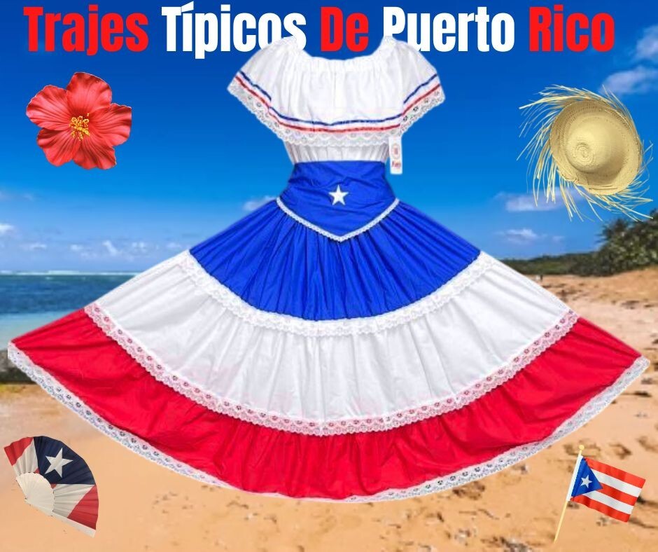Puerto Rican Flag Skirt Set & Star Belt 3PC Traje Típico Jíbara Boricua Outfit