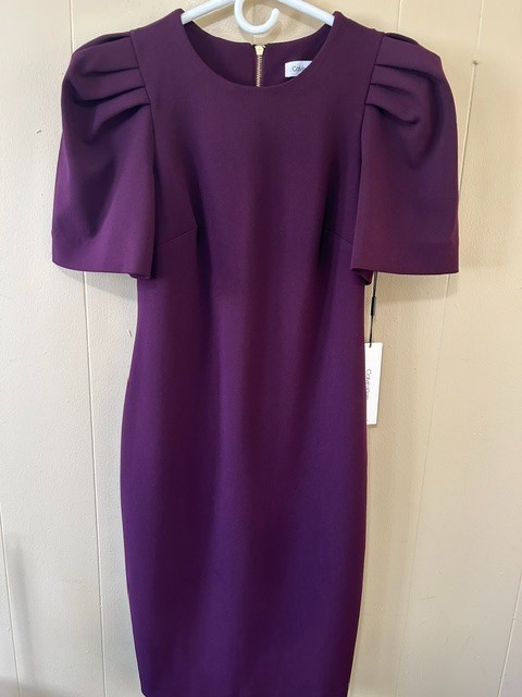 Calvin Klein NWT 4 Plum Sheath Dress Puff Sleeve Career Cocktail Elegant Midi