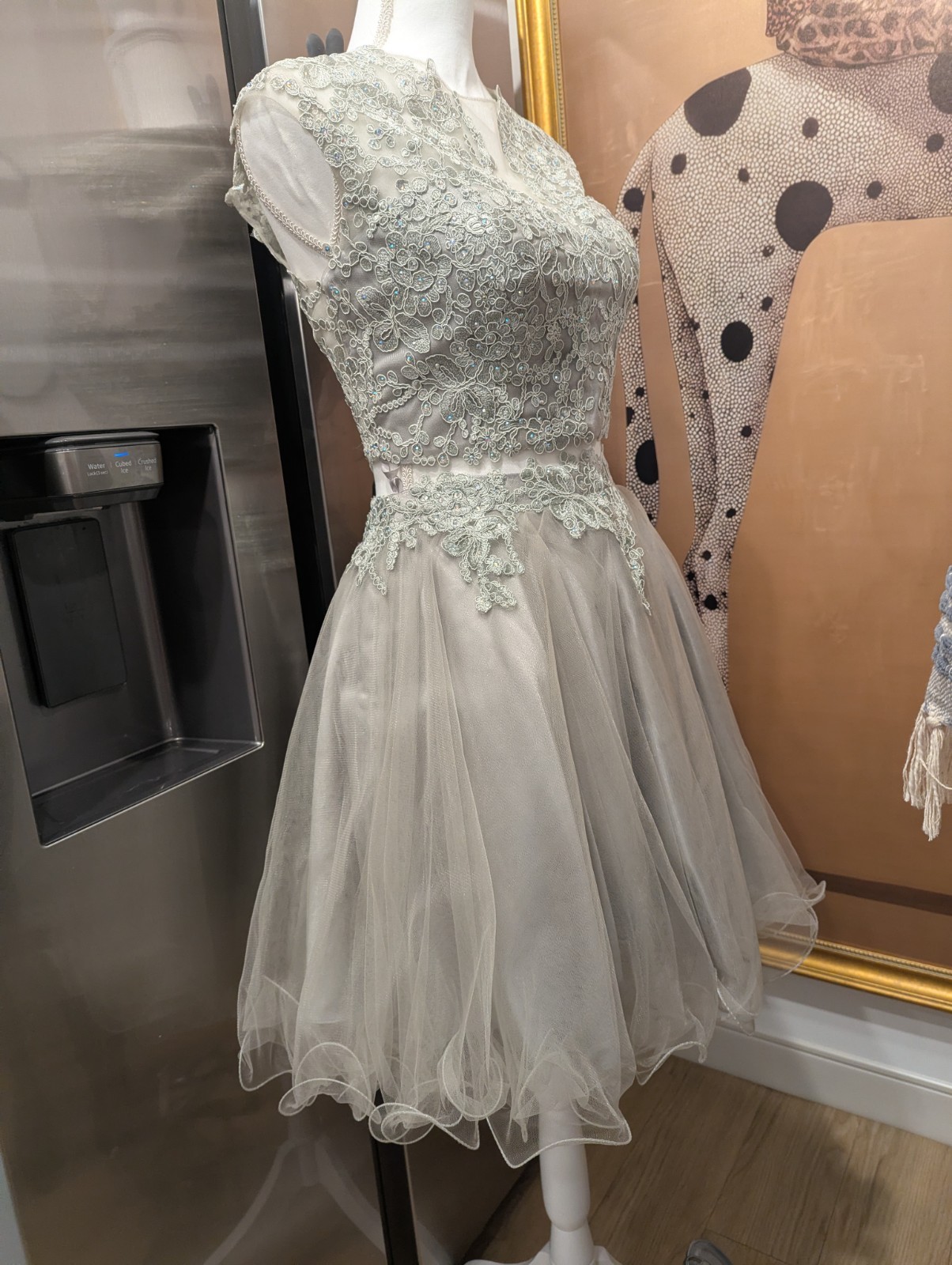 May Queen Size 12 Gray Beaded Embroidered Tulle V-Neck A-Line Knee Dress