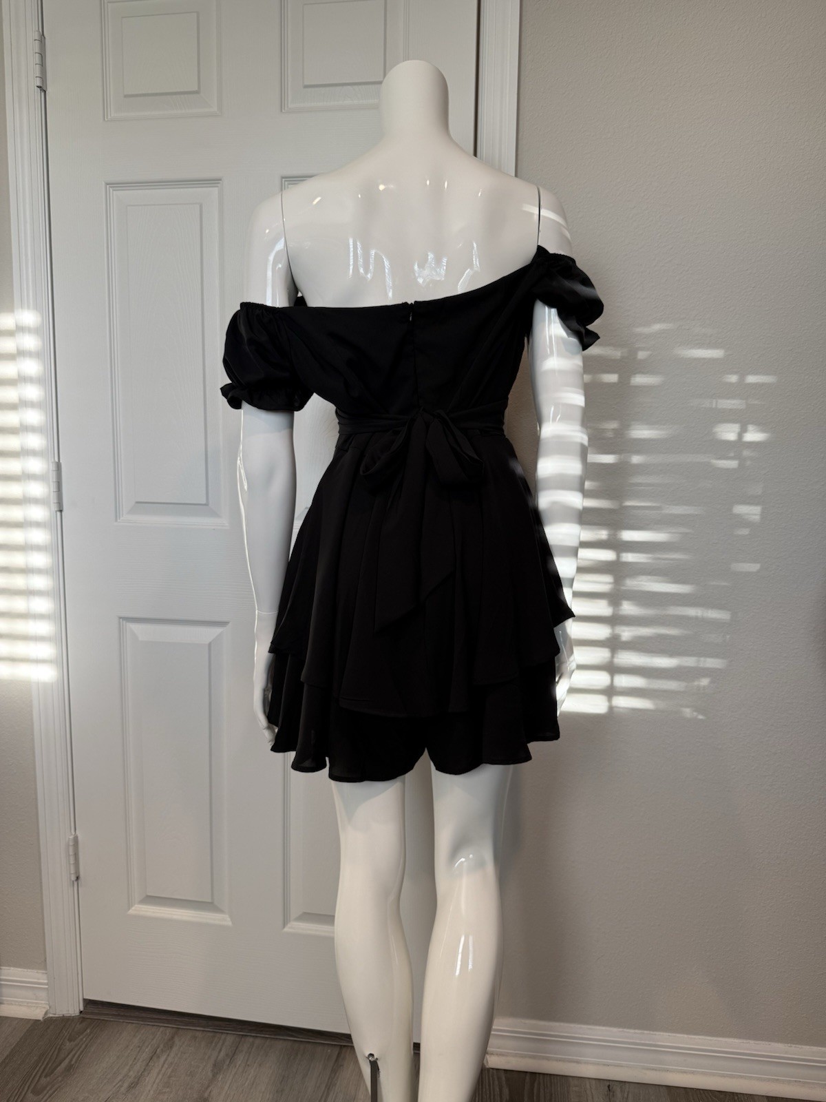 Black Off the Shoulder Mini Fit & Flare Romper Short Ruffle Accents