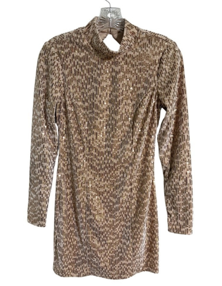 Francesca’s Blue Rain Mock Neck Sequin Mini Dress Womens S Beige Gold Open Back