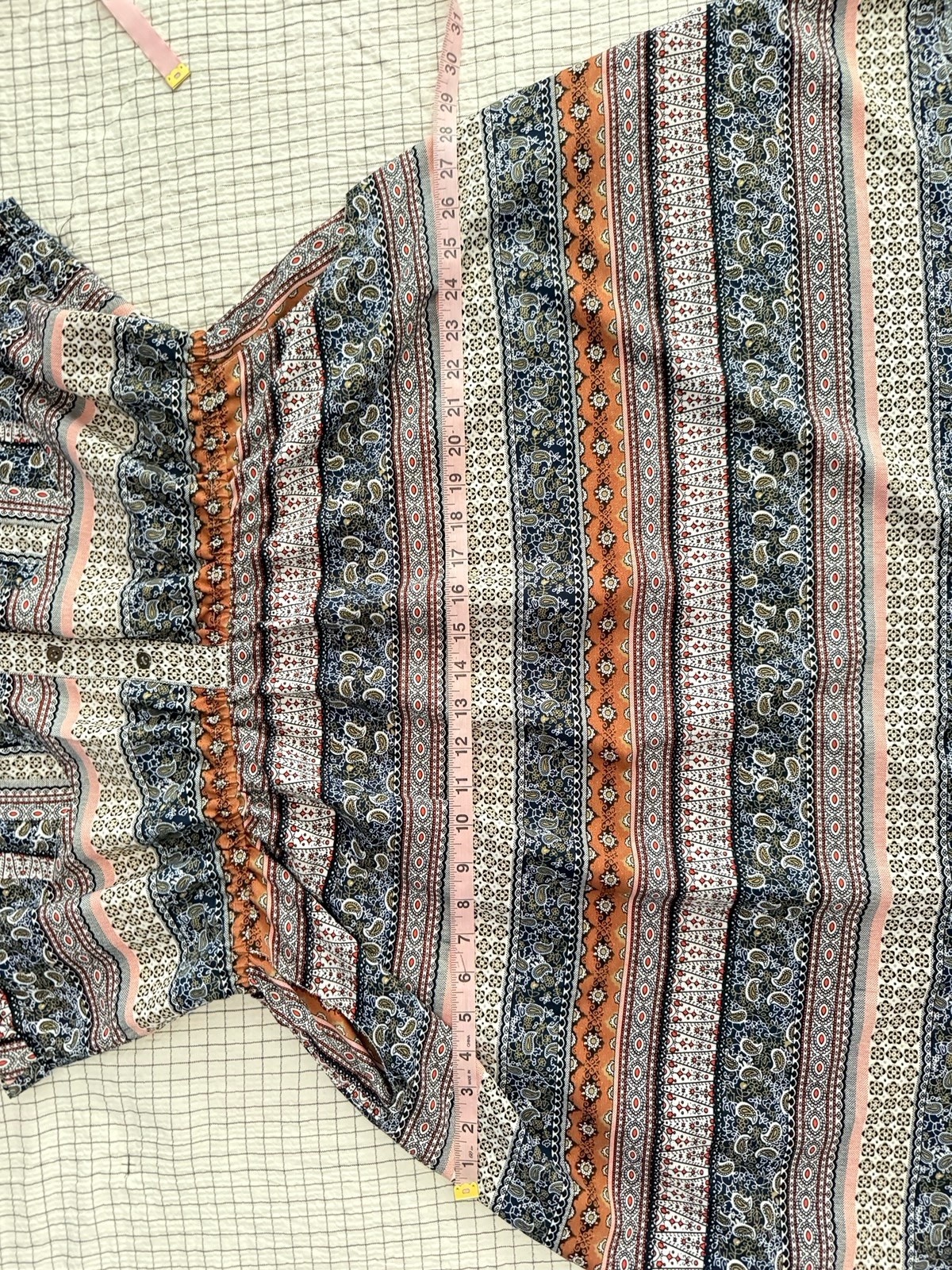 speed control 3X boho paisley stripe multi short sleeve cinch waist button dress