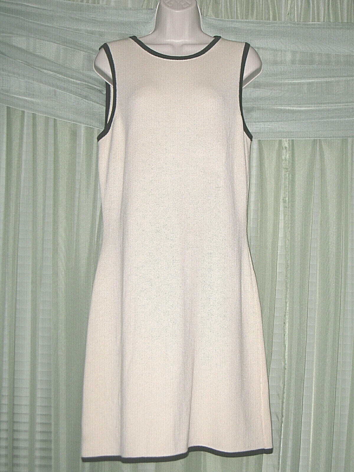 St. JOHN by Marie Gray Beige Tan Black Trim Pencil Knit Wiggle Tank Dress Sz 8