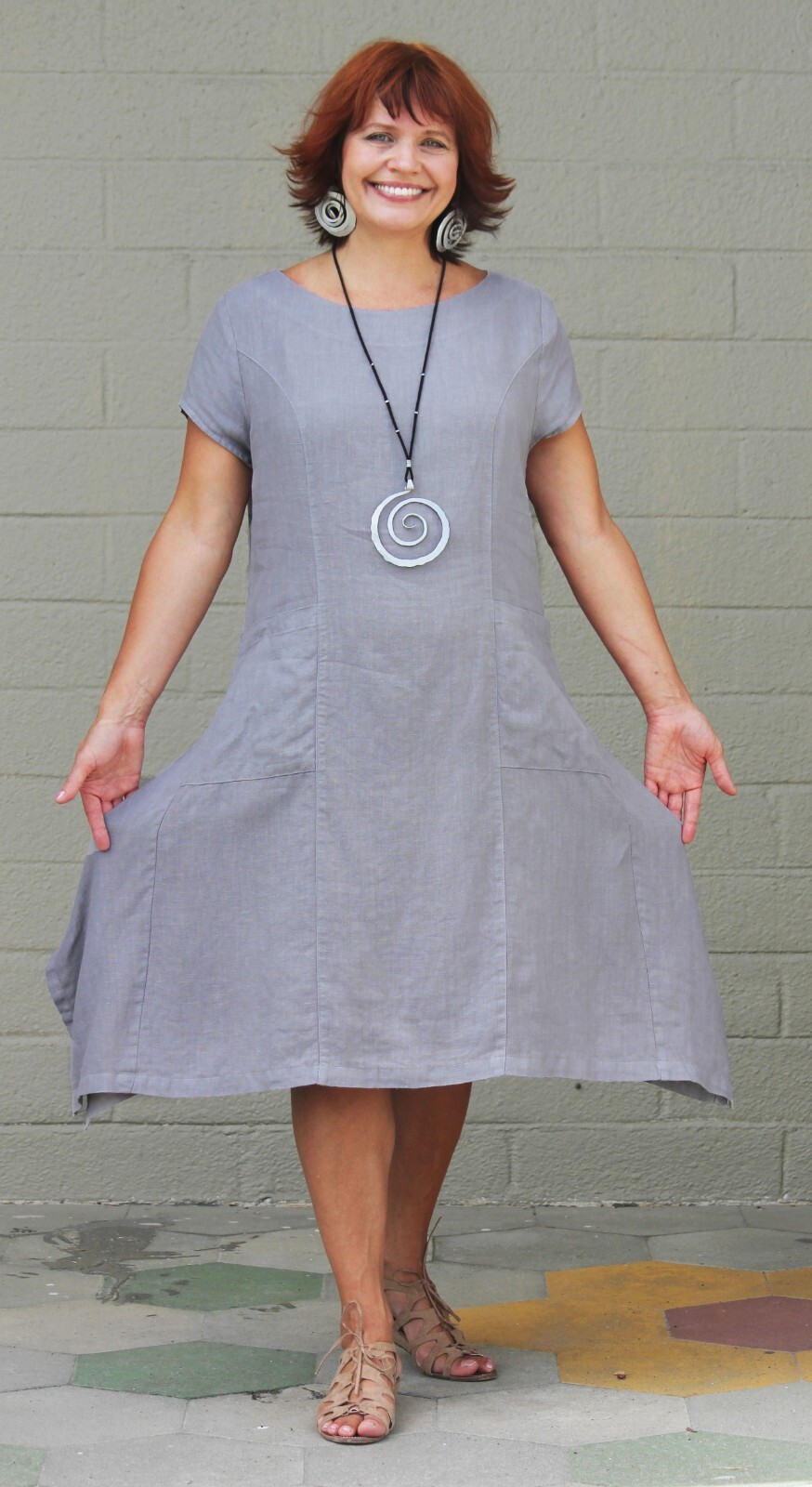MOSAIC USA 685 Linen FLARED SQUARED HEM Pocket Dress L Large DARK KHAKI