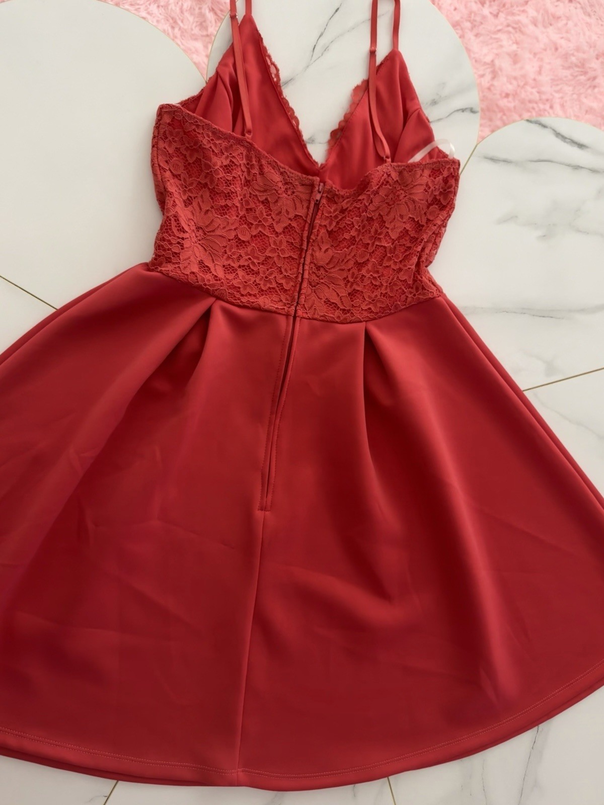 Charlotte Russe Red Solid Lace Bodice Fit & Flare V-Neck Strappy Dress M