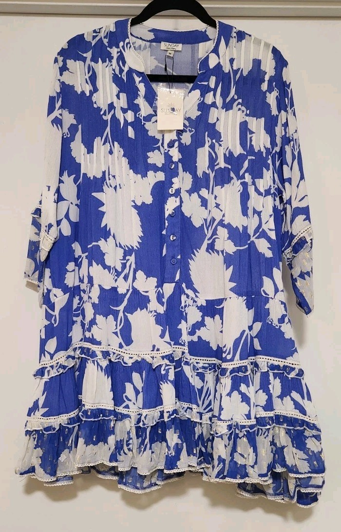 Sunday Saint Tropez Bella Ciao Flower Cover up Mini Dress Blue NWT Women Medium