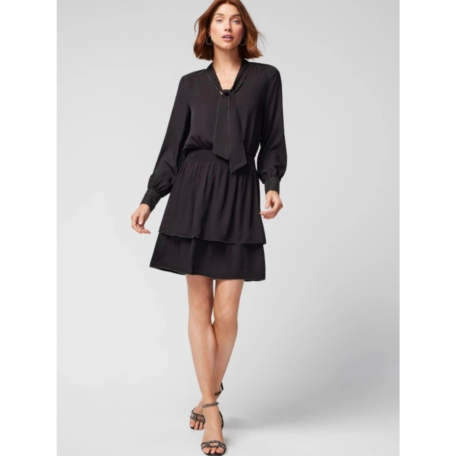 NWT. White House Black Market Black Tie-Neck Tiered Mini Dress. Size M. #SW