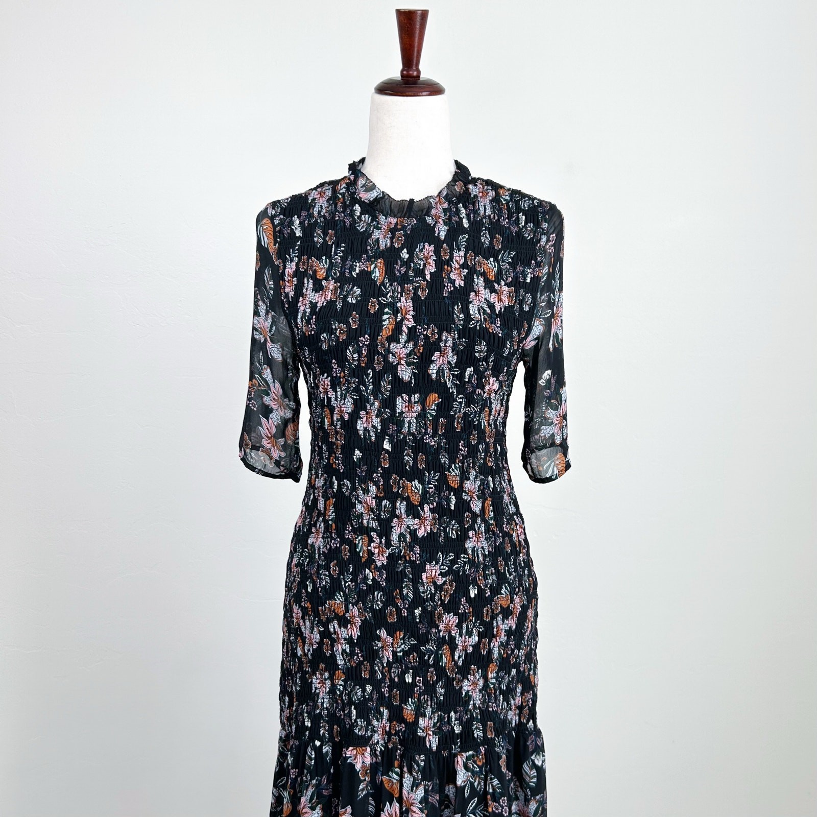 Veronica Beard Gabi Black Floral Chiffon Drop Waist Smocked Midi Dress SIZE 6