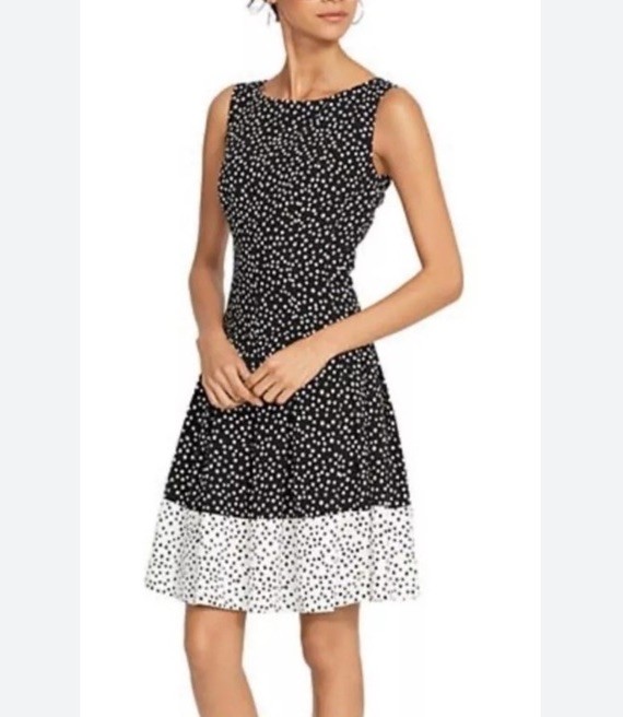 Lauren Ralph Lauren Fit&Flare Dress Pleated Skirt Polka Dot Black/White Size14