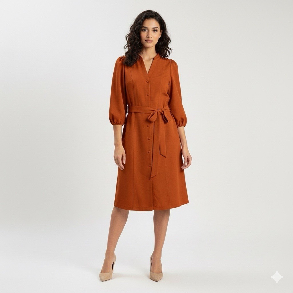 Nanette Lepore Womens Size 2 Burnt Orange Ruffle Collar Belted Midi Shirt Dress