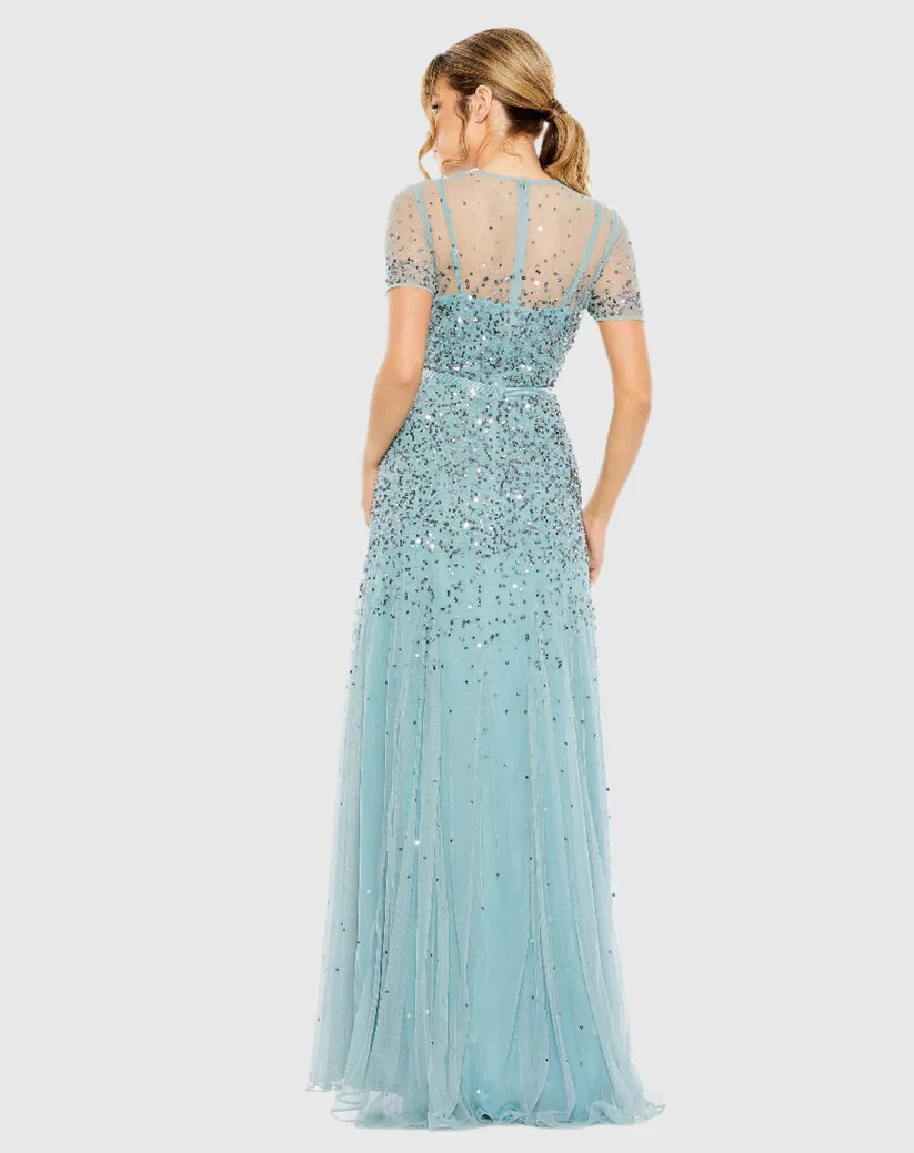 MAC DUGGAL HIGH NECK SHORT SLEEVE SEQUIN EMBELLISHED DRESS BLUE SZ 8 93909 NEW