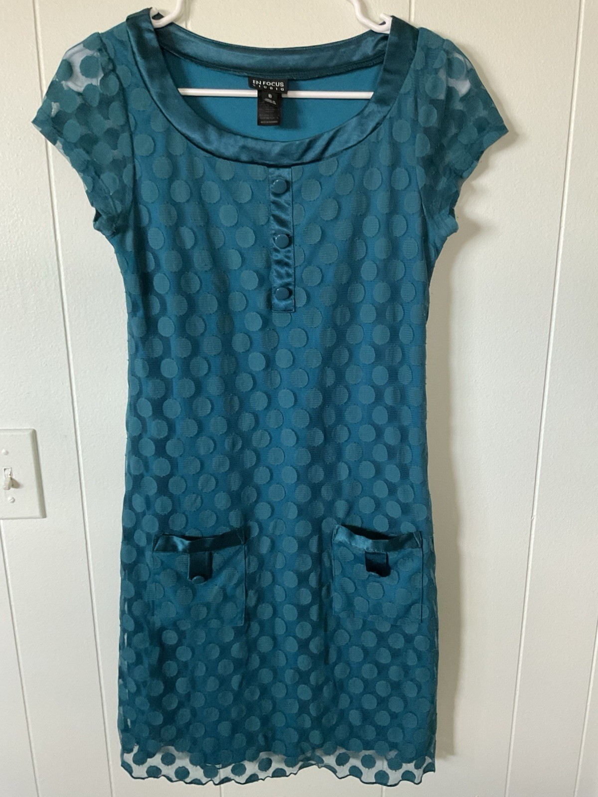 En Focus Studio Blue Polka Dot Mesh A-Line Dress Size 6 Scoop Neck Cap Sleeve