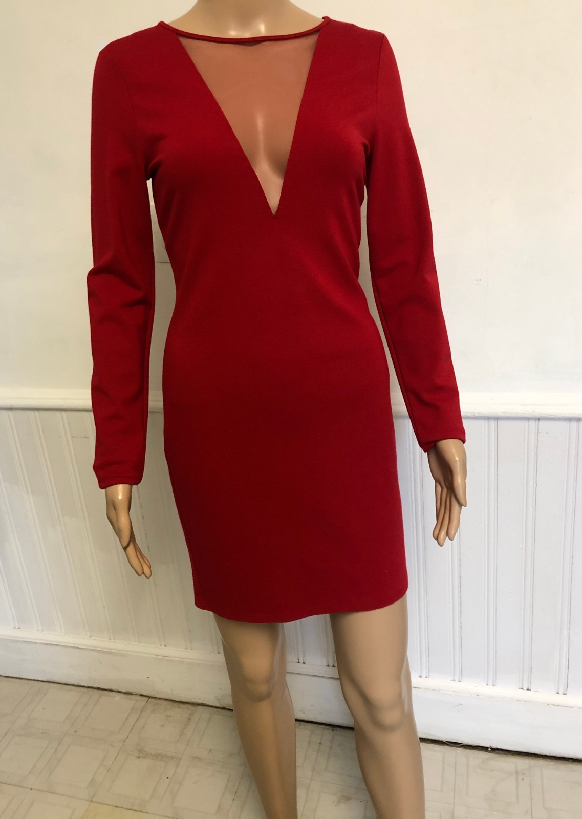 Red Sassy Bodycon Deep V Sheer Mesh Mini Dress Sz Large Long Sleeve