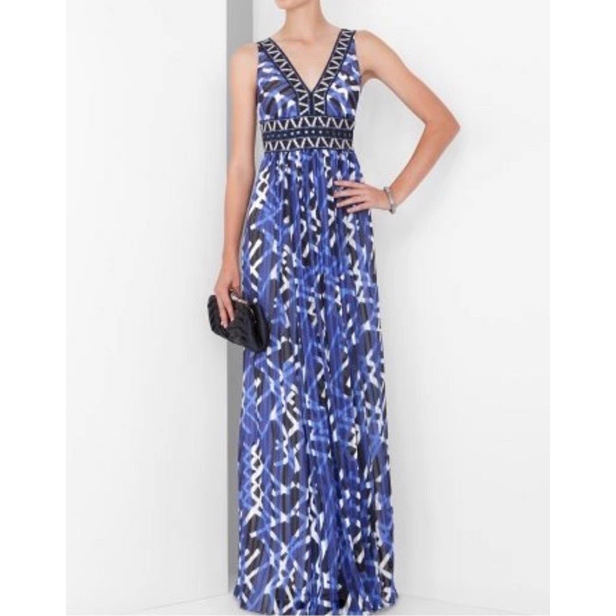 BCBGMAXAZRIA Silk Geometric Print V Neck Sleeveless Maxi Dress Blue White Black