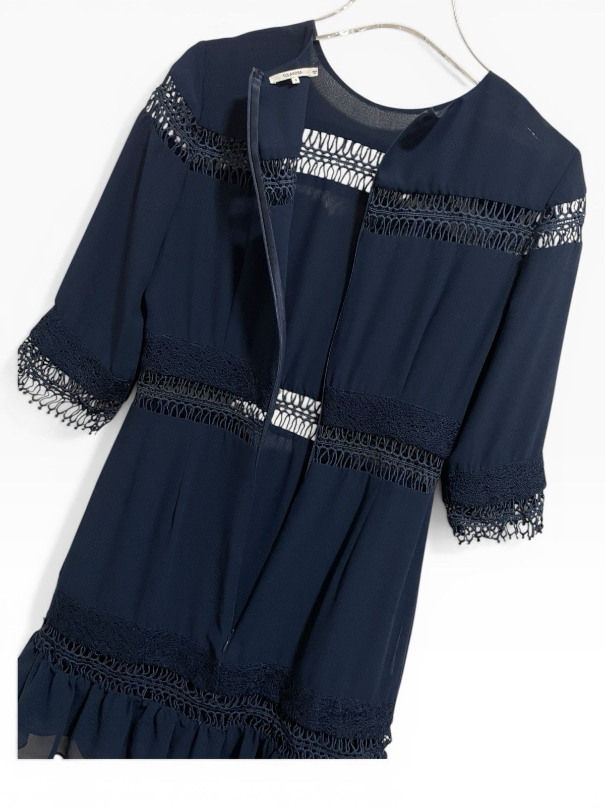 Tularosa Asher Dress Sz Small Blue Embroidered Lace Trim Sheer Open Panel Ruffle