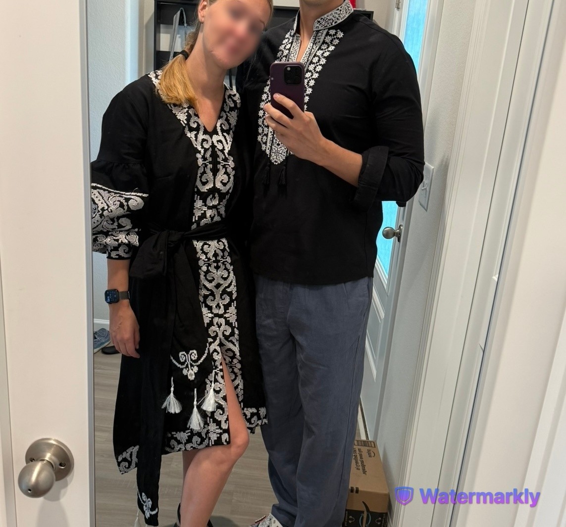 Couples Match Vyshyvanka Set – Black Embroidered Dress and Men’s Shirt, Ukrainia
