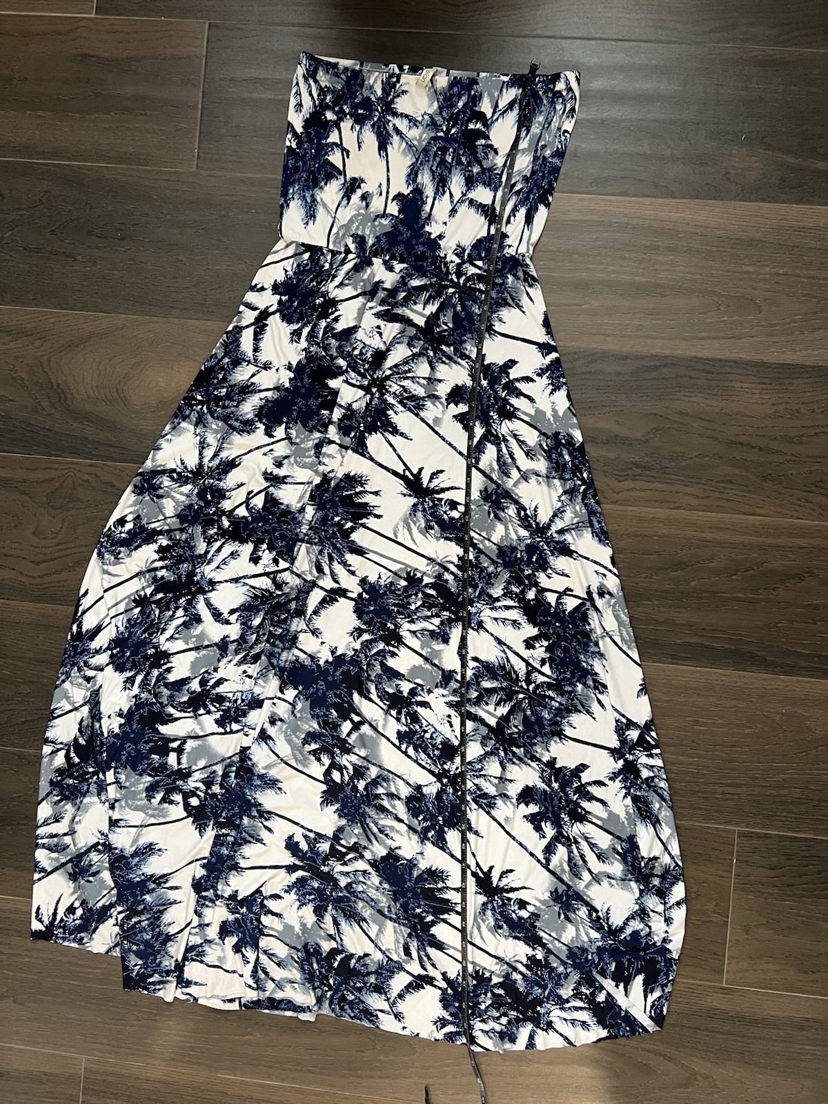 Strapless Navy & White Tropical Maxi Dress | Flowy Beach Resort Dress | Size L