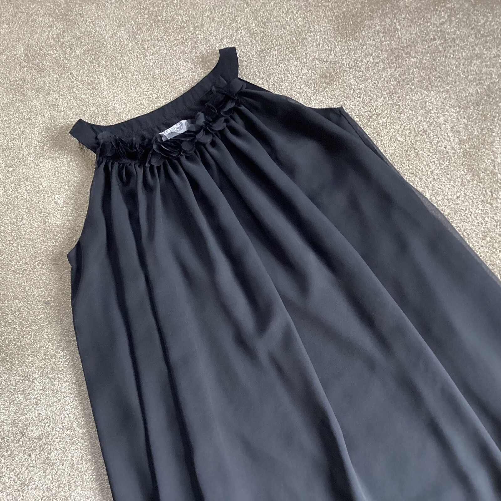 Flame black floaty dress tunic long top with stitched on ruffle flowers size 12