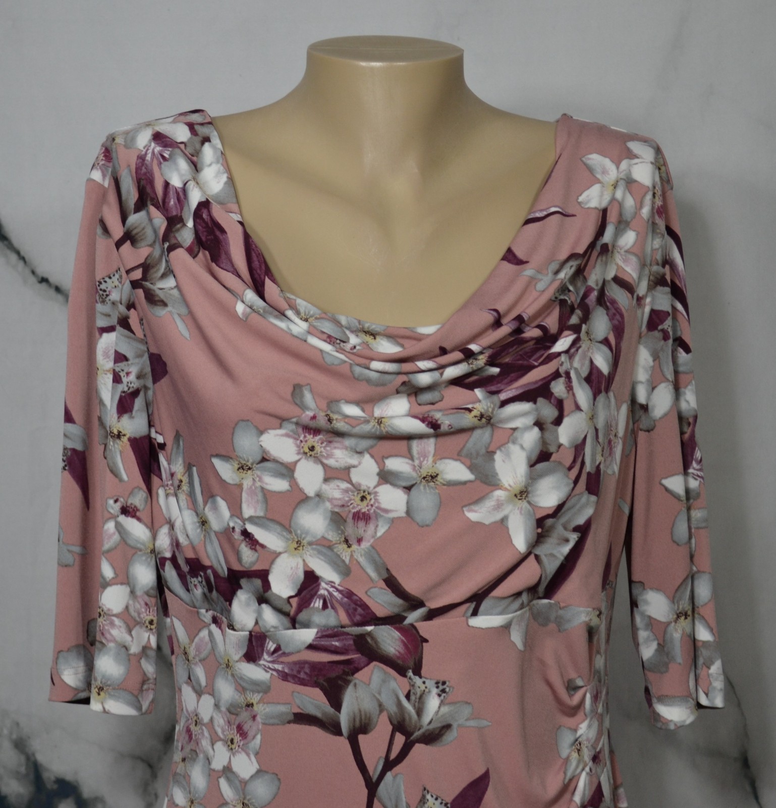 CONNECTED APPAREL Brownish Pink Multicolor Floral Dress 15 Draped Neckline