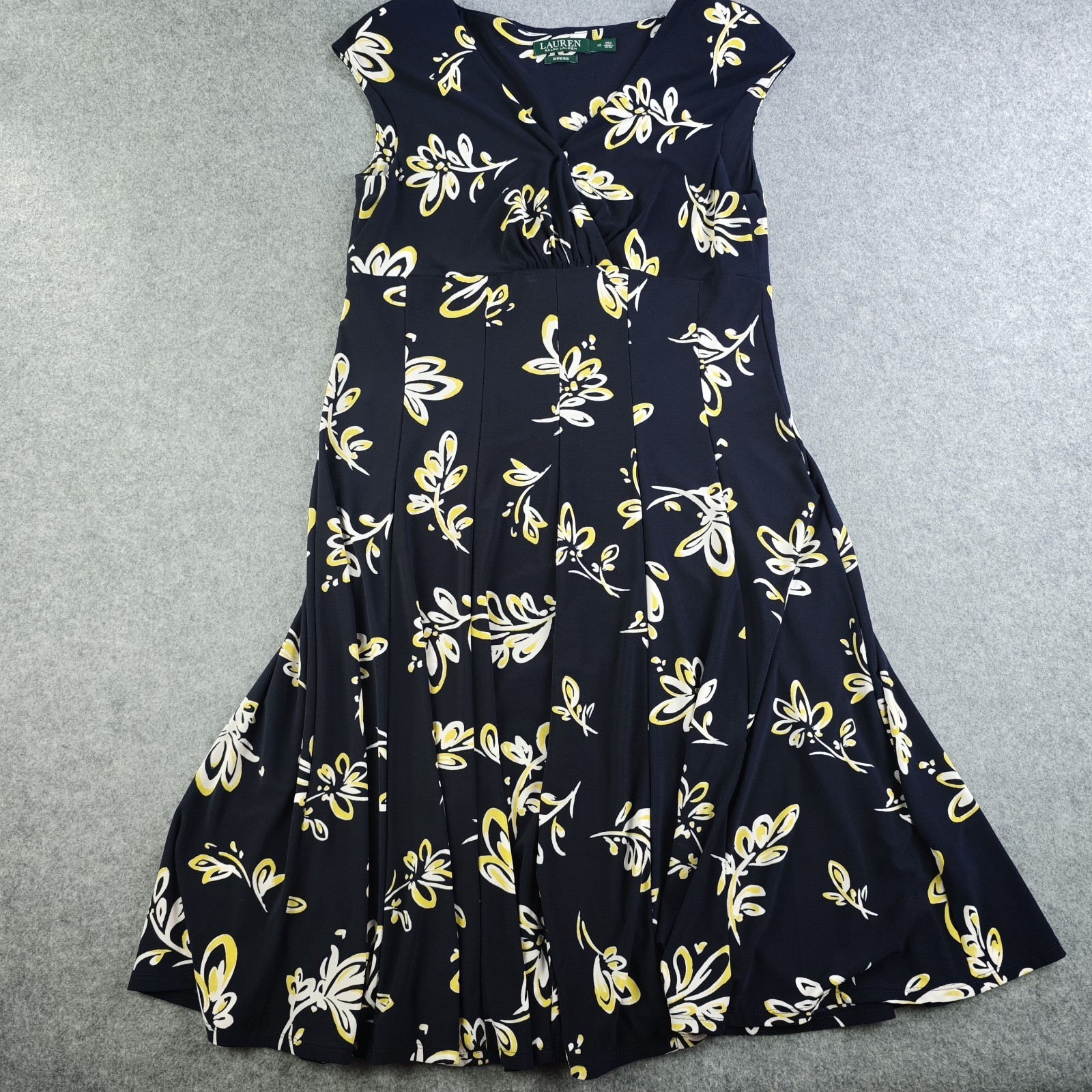 Lauren Ralph Lauren Fit Flare Midi Dress Navy Yellow Floral Pleated Skirt