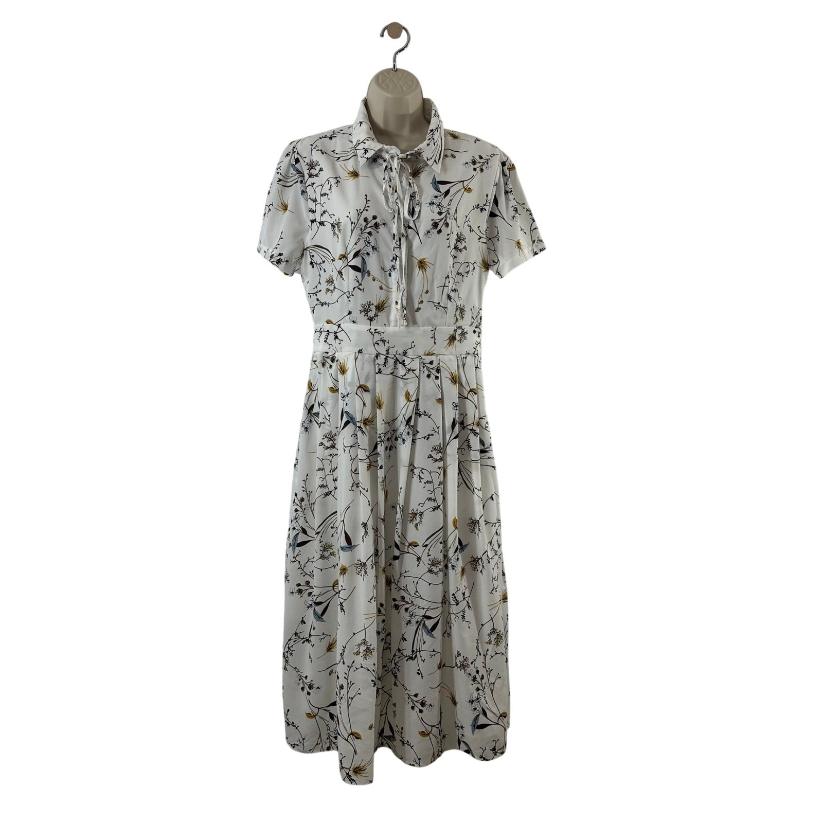 Ivy City Co White Floral Wildflower Tie Neck Pleated Midi Dress Womens Size M