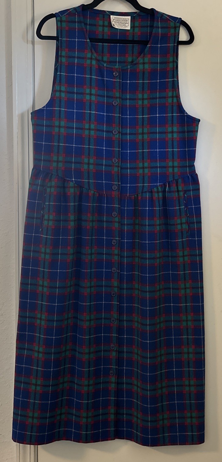 VTG Pendleton 100% Virgin Wool Plaid Long Button Up Jumper W/Pockets Size 12 USA