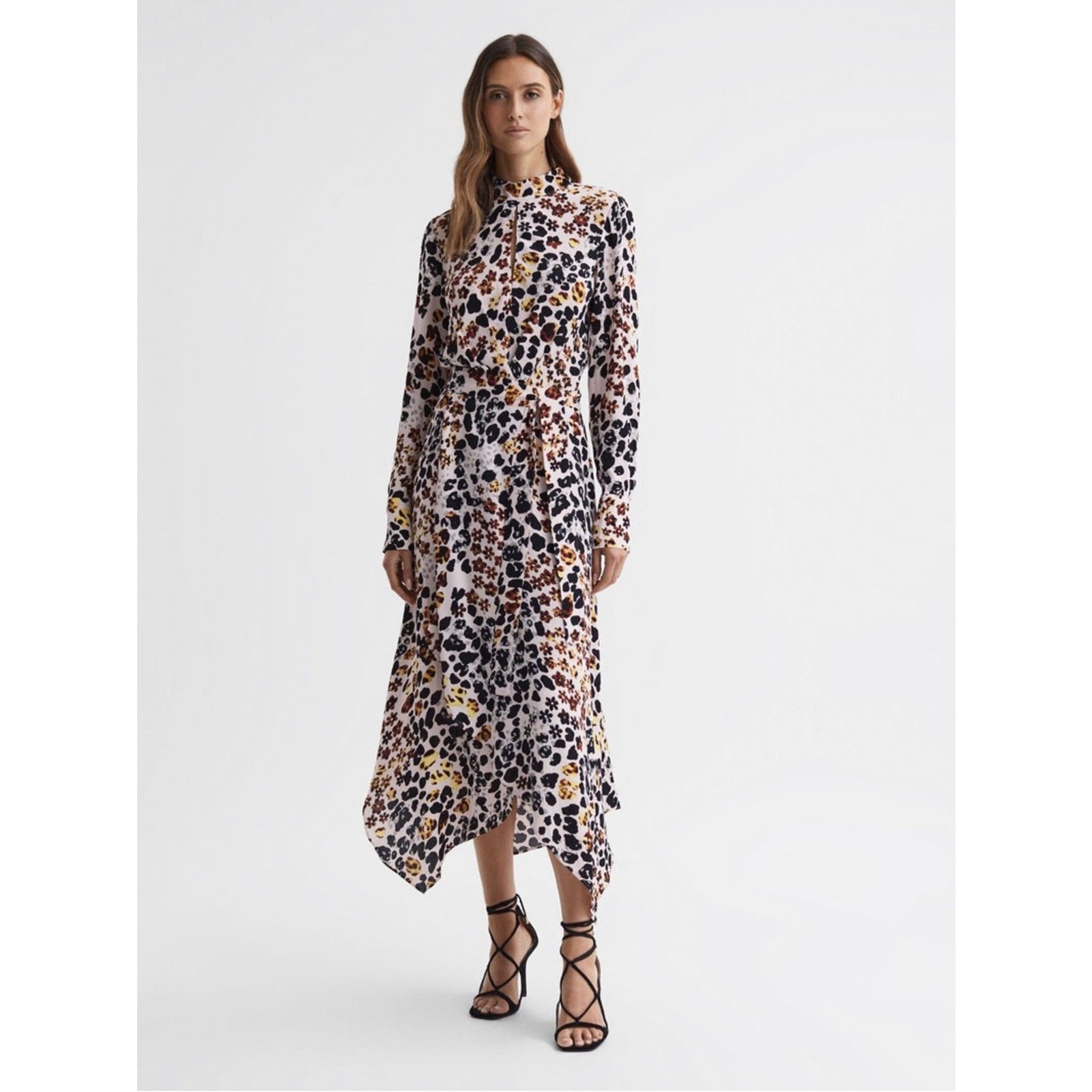 Reiss Lira Animal Print Midi Dress Nude Black Size 2